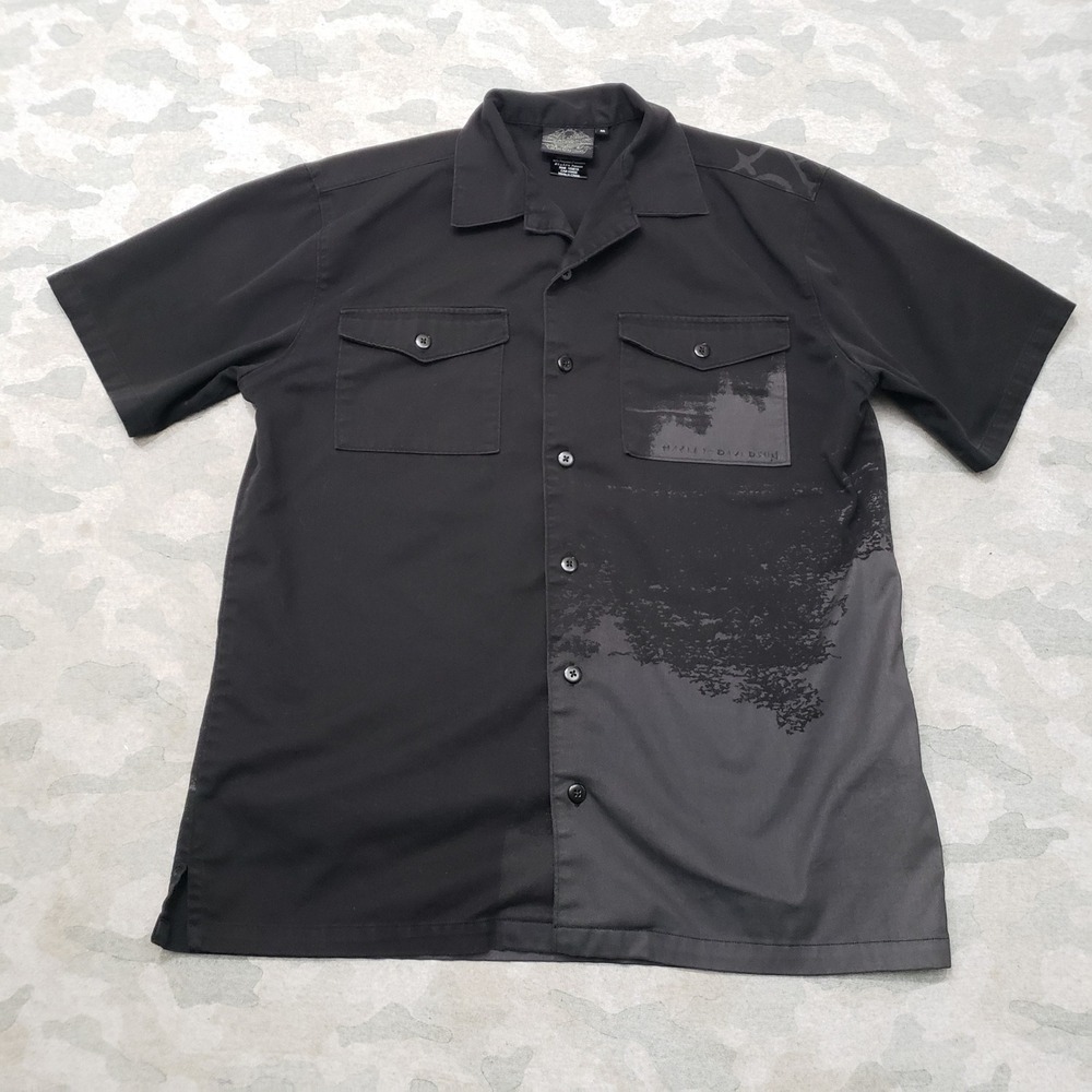 Harley Davidson Shirt Mens Medium Black Mechanic Graphic Short Sleeve Button